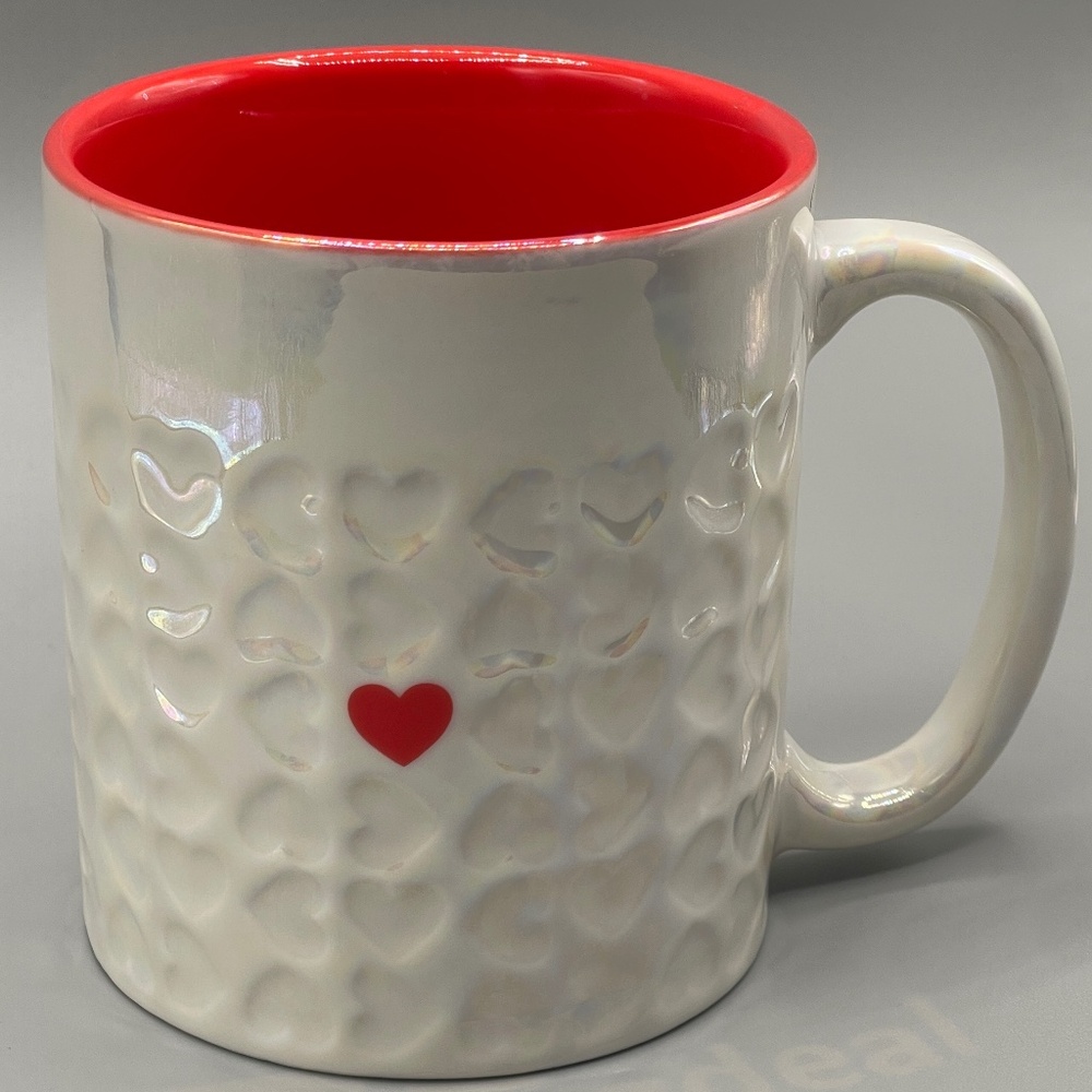 White iridescent heart imprint with red lining‎ Coffee/Tea Mug 12 oz